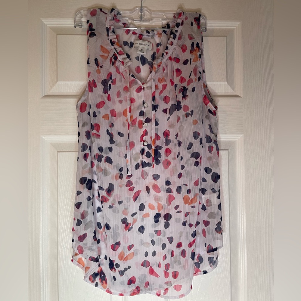 LIZ CLAIBORNE White Sheer Sleeveless Blouse with Petal Print Size XL